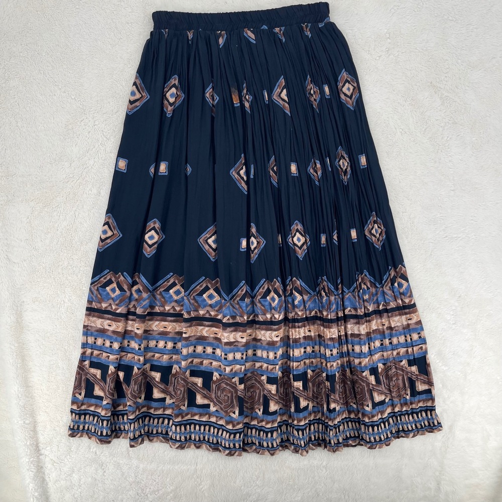 Stonebridge Petites Navy Blue Geometric Southwestern Pleated Maxi Skirt PS Flowy